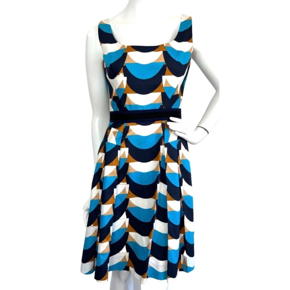 Milly of New York Isabelle Wave Print Fit Flare Dress Mod Geometric Sz 4 USA EUC